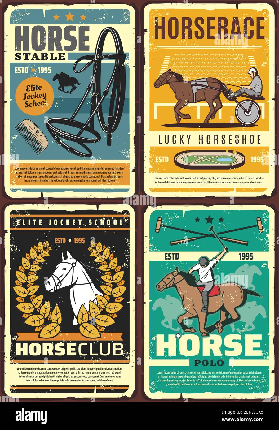 Horse racing, polo and riding club vector posters with race horses