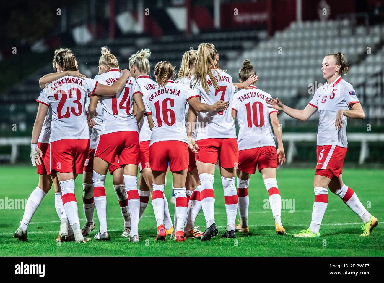 Poland women's football team celebrate a goal during the UEFA Women's EURO  2021 qualifying match between Poland and Azerbaijan at Polonia Stadium.  (Final score; Poland 3:0 Azerbaijan) (Photo by Mikolaj Barbanell /
