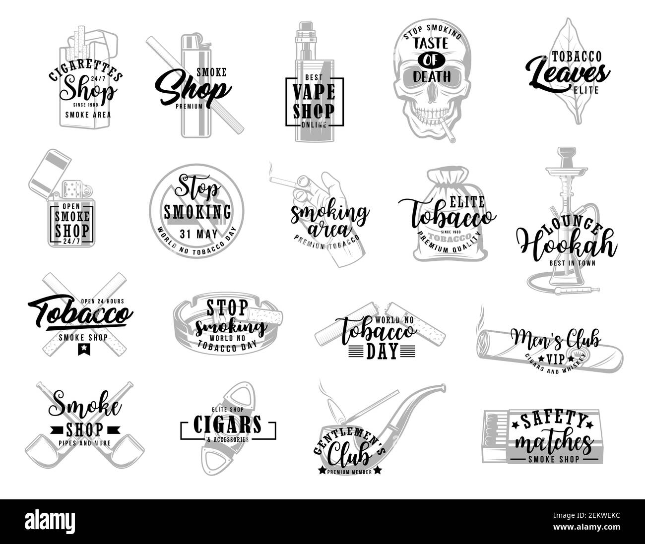 Cigarettes and vape, hookah, tobacco and pipe shop vector lettering icons. Stop smoking and no