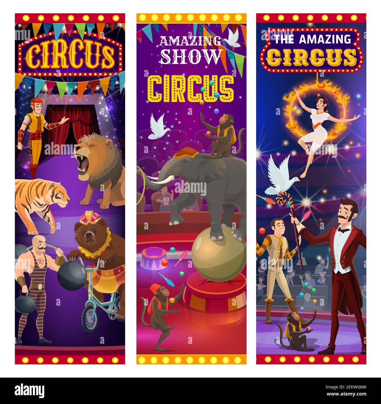 Circus entertainment show banners, wild animals tamer with lion in fire ...