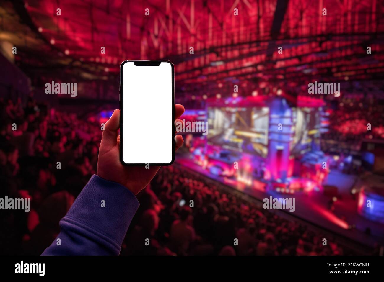 Man's hand using digital application on the mobile smart phone at esport event at big arena. Blank screen with copy space. Stock Photo