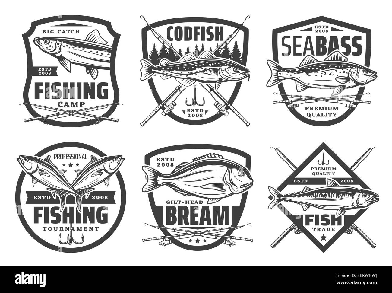 Fishing club, fisher camp and big fish catch icons. Vector icons of sea ...