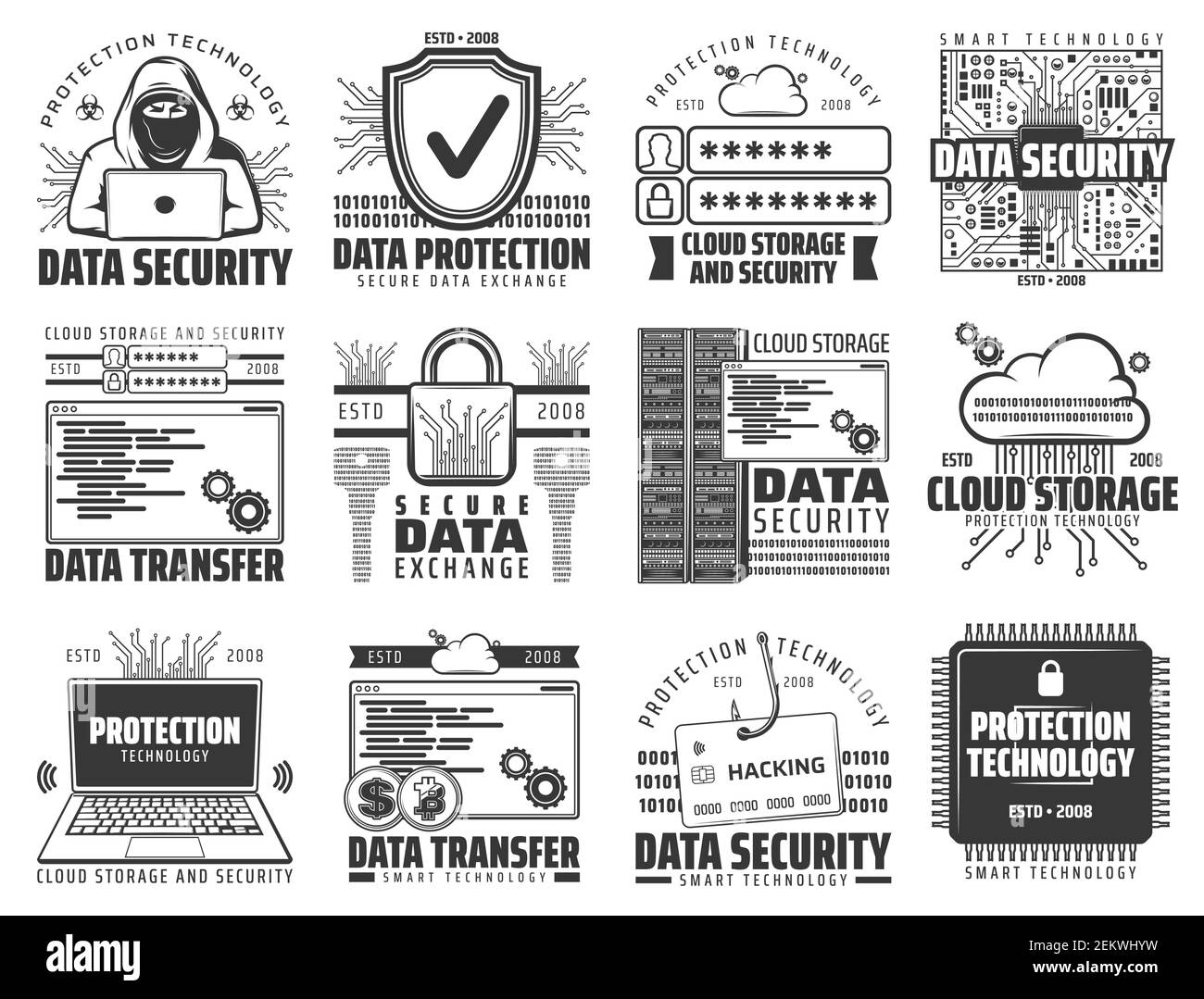 Cloud storage, internet data security and exchange protections, web phishing and hacking. Vector cloud storage and hosting server network technology, Stock Vector