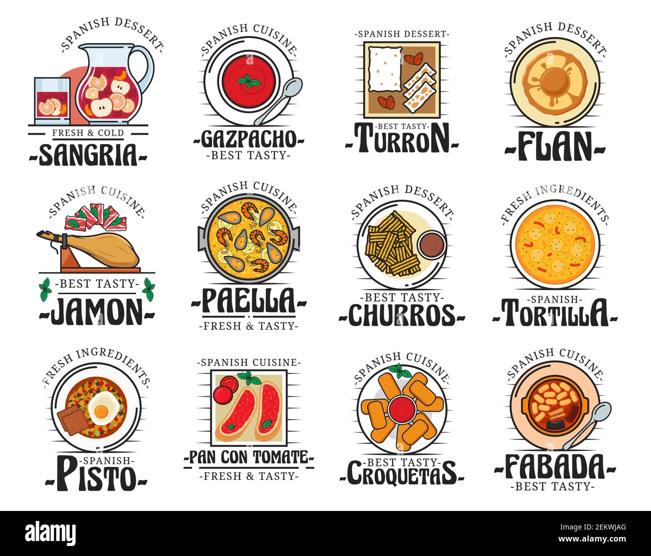 Spanish cuisine food, traditional snacks and desserts, restaurant cafe menu dishes. Vector Spain authentic cuisine jamon, paella and gazpacho soup, tu Stock Vector