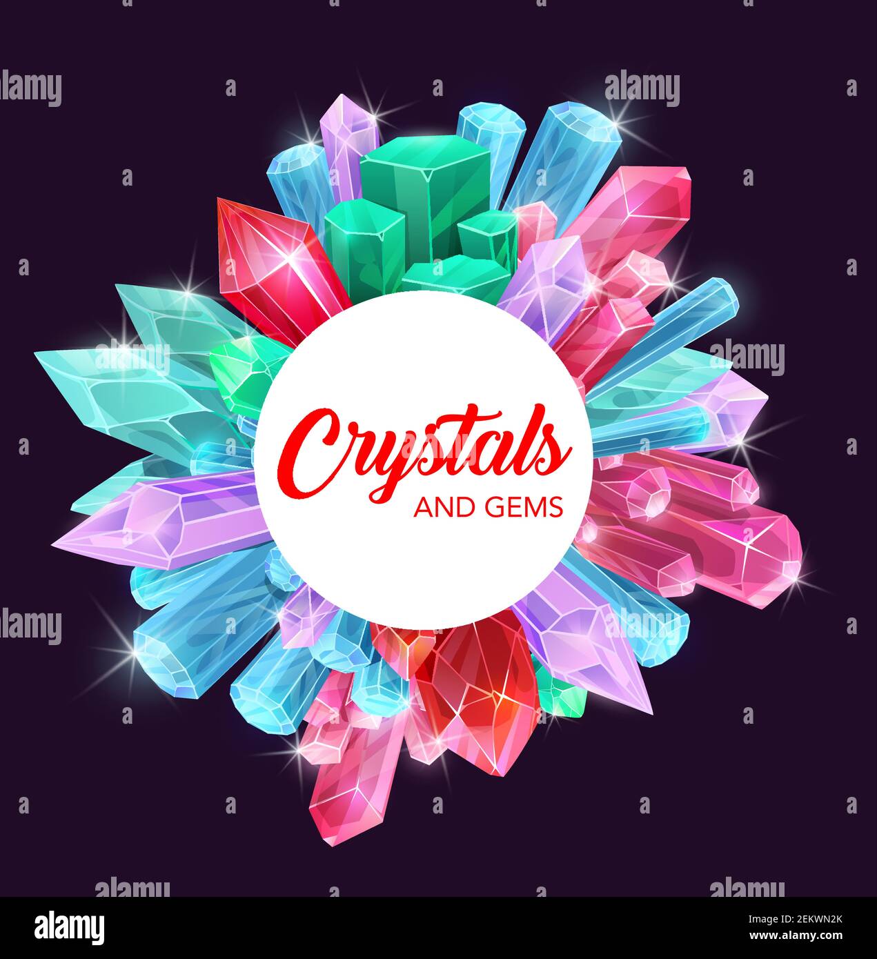 Crystals of gemstones and mineral rocks vector design with precious gems of diamond, pink quartz and blue sapphire. Jewels and magic stones frame of a Stock Vector