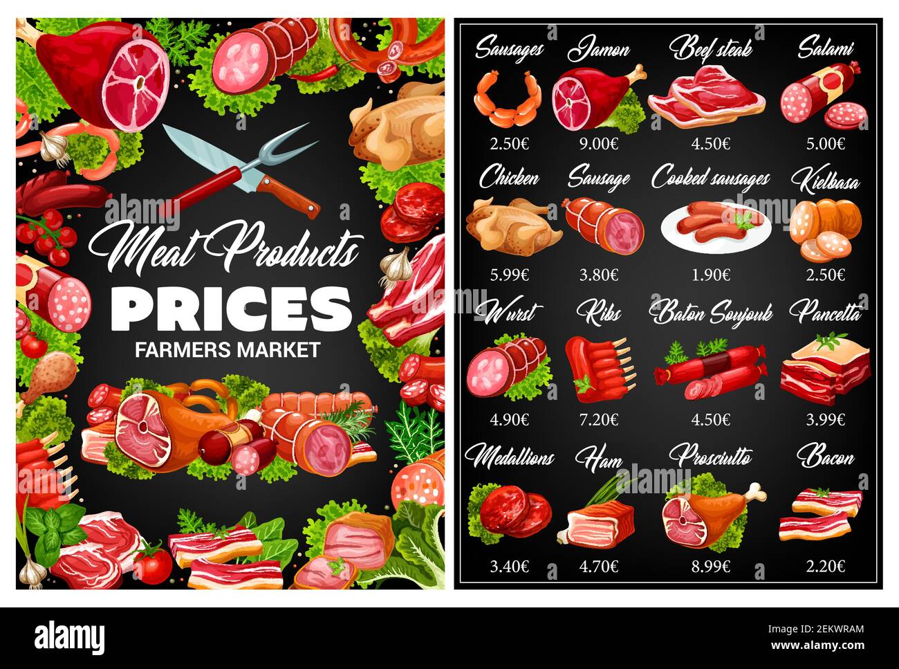 Meat and sausages chalkboard menu of butcher shop vector design. Beef steak, pork ribs and ham, salami, bacon and chicken, frankfurter, wurst and burg Stock Vector