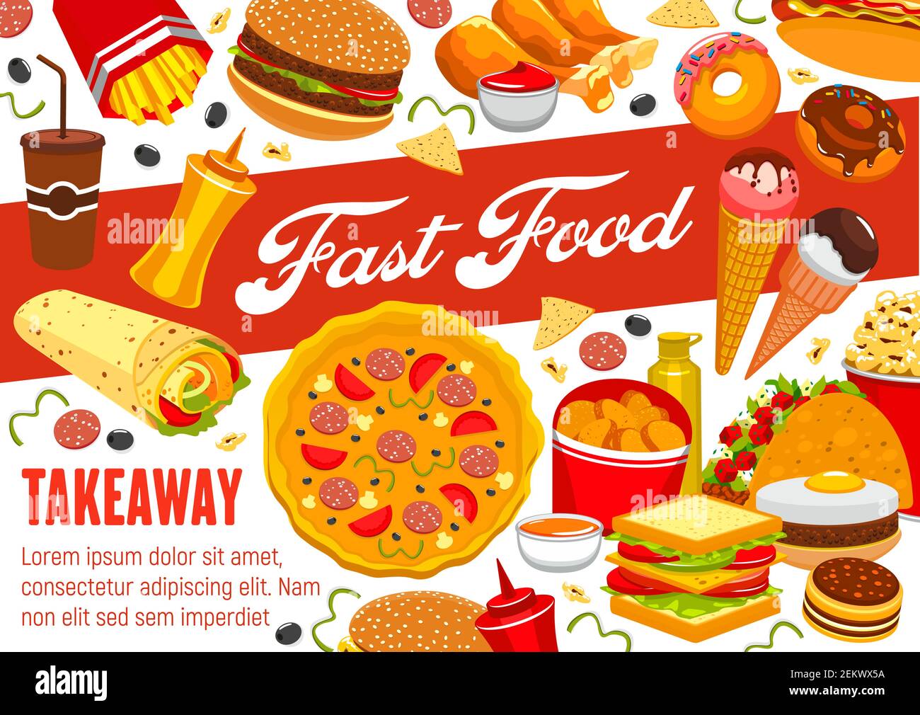 Fast food takeaway menu, fastfood restaurant bistro meals and snacks