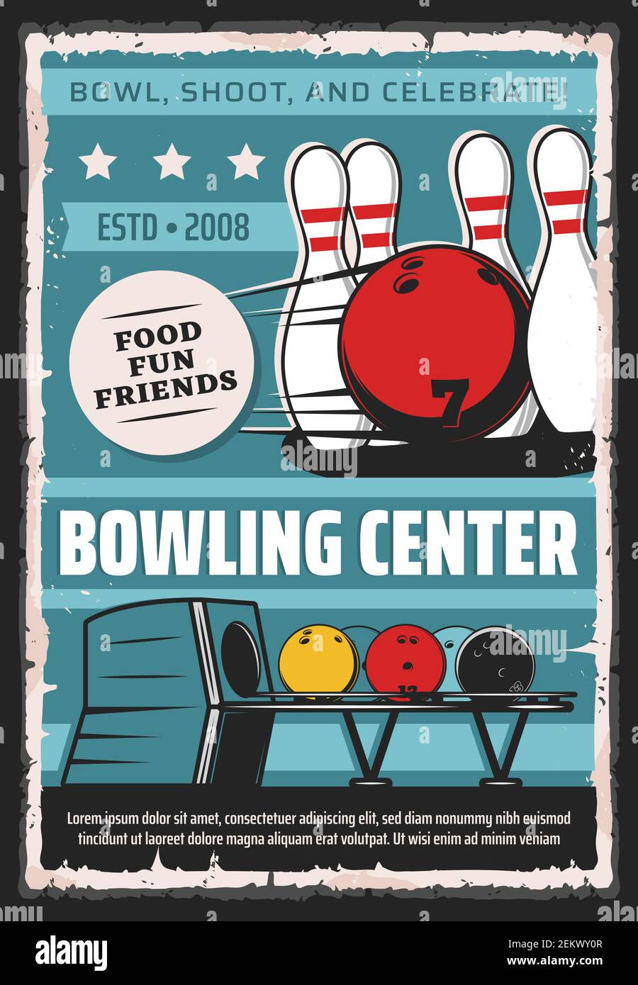 Bowling center, sport game club and league tournament vintage retro poster.  Vector bowling game club, balls and skittle pins equipment for strike, hob  Stock Vector Image & Art - Alamy