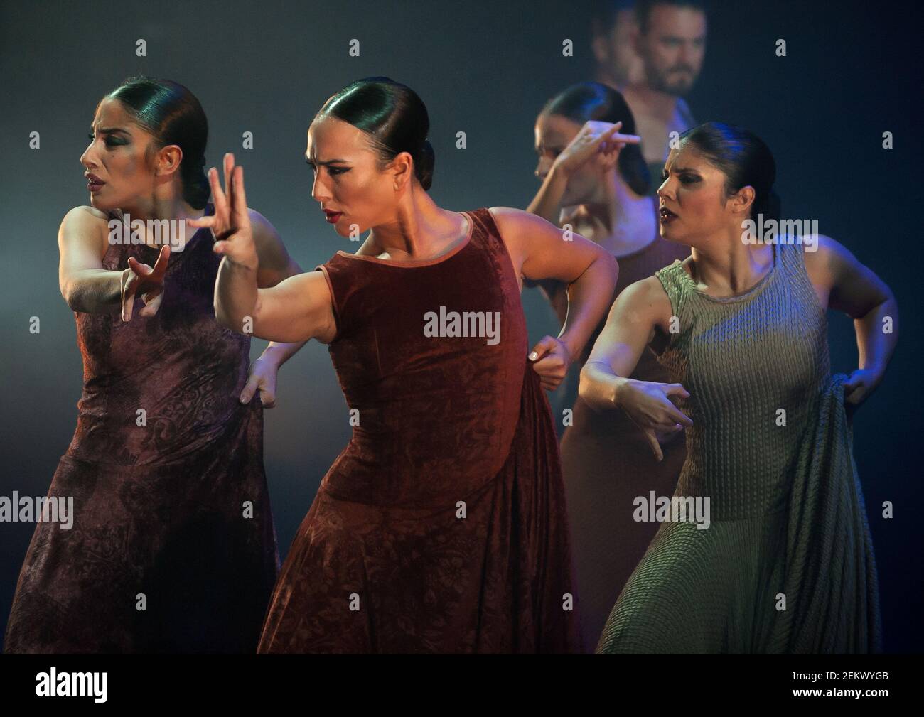 Dancers on stage during the performance. The Andalusia Flamenco Ballet ...