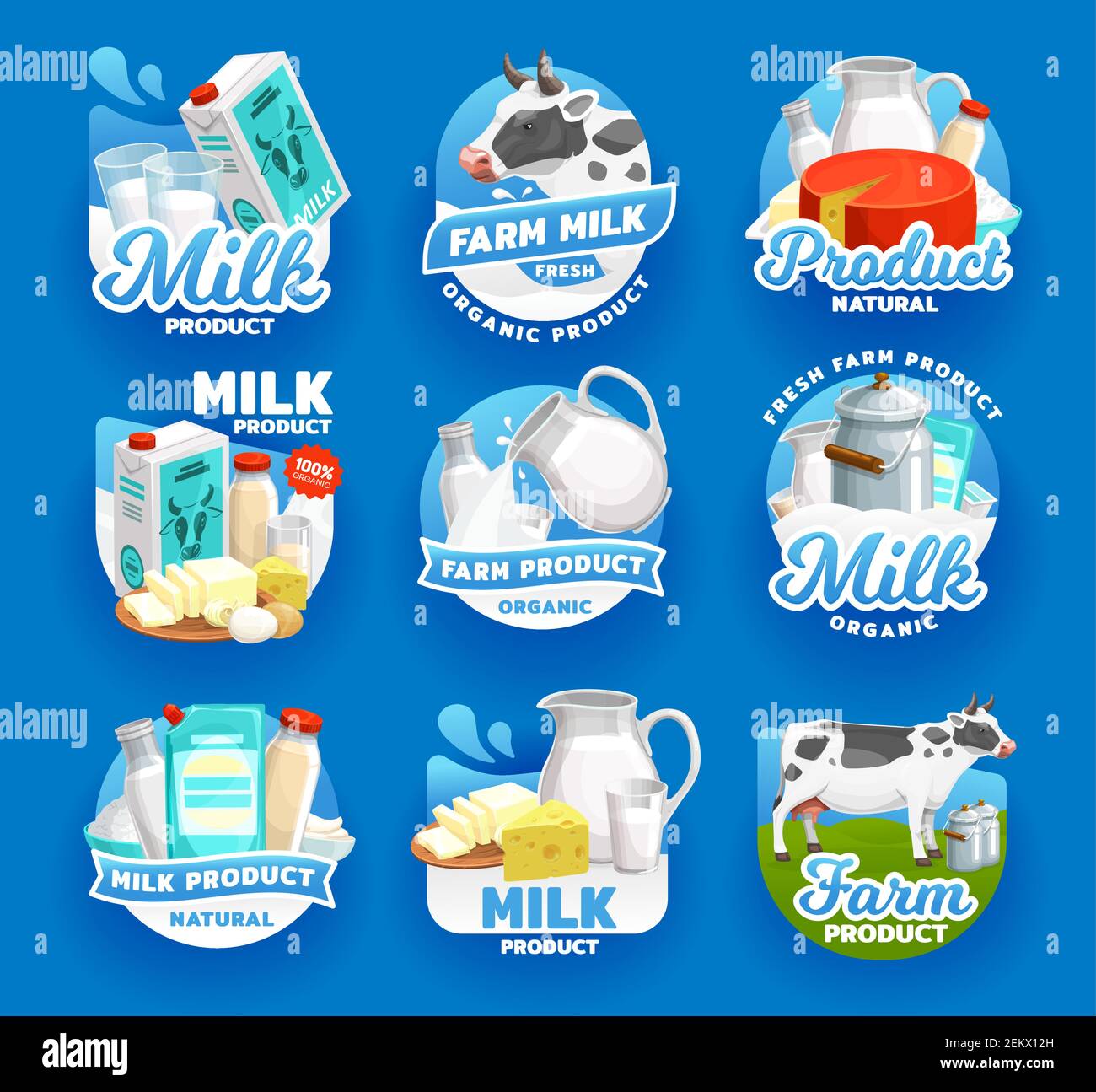 Milk and dairy food products vector icons. Natural organic dairy farm milk splash pouring in