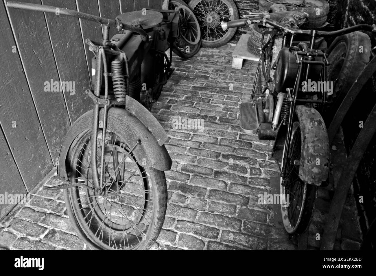 2, old, retro, antique, motorcycles, motorbikes, 2 wheeled, bikes, black and white, monochrome, hipster Stock Photo