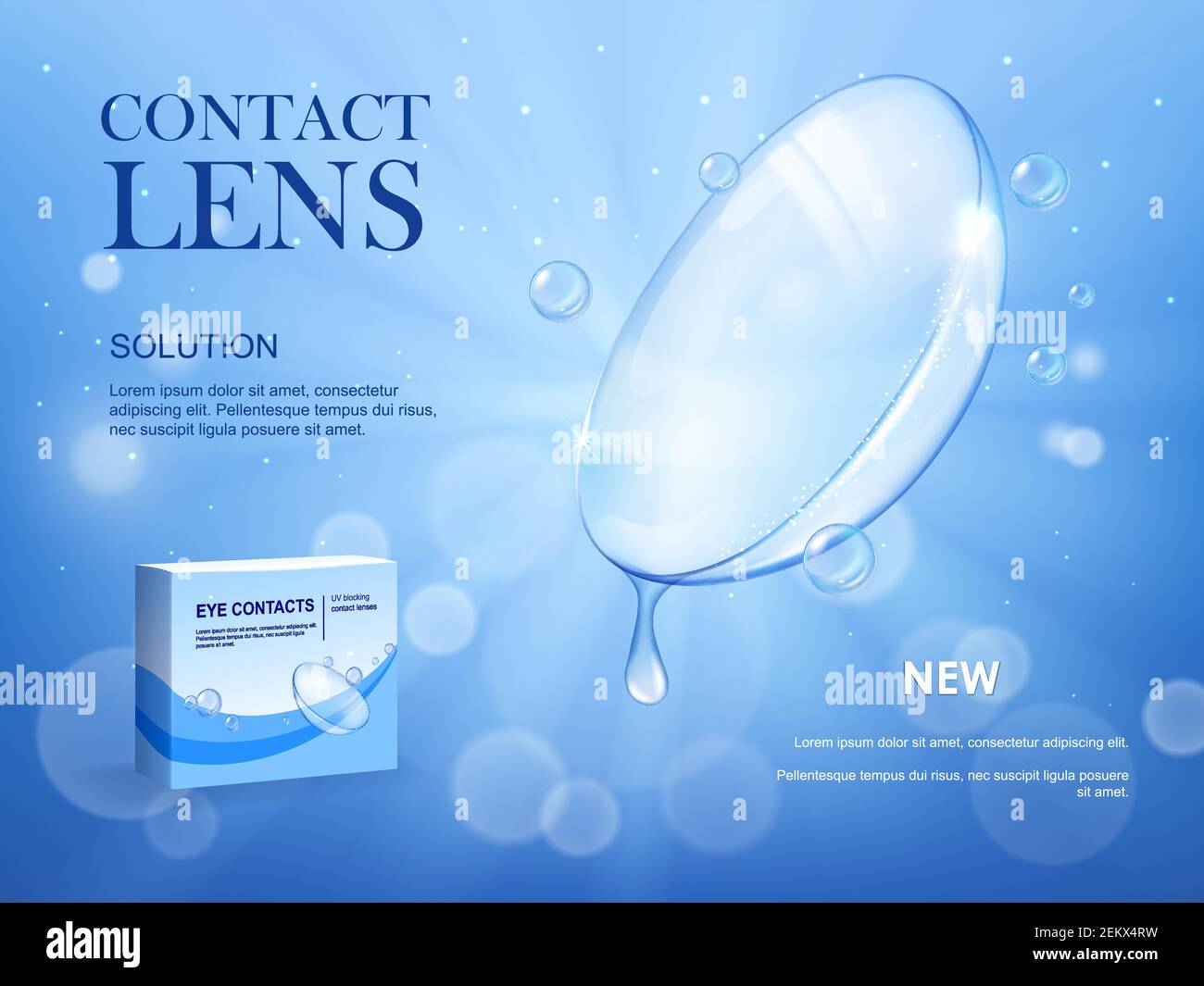 Eye contact lens new medical solution banner. Soft scleral contact lens with falling and