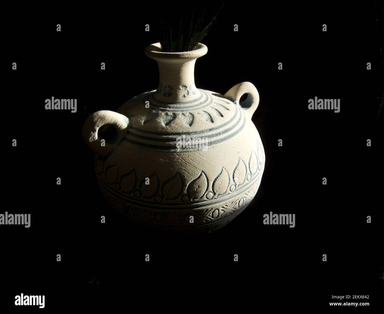 small cream and light blue vase, vessel, ancient design, remake, clone, look a like, recreation, decor, mediterranean, roman, greek Stock Photo