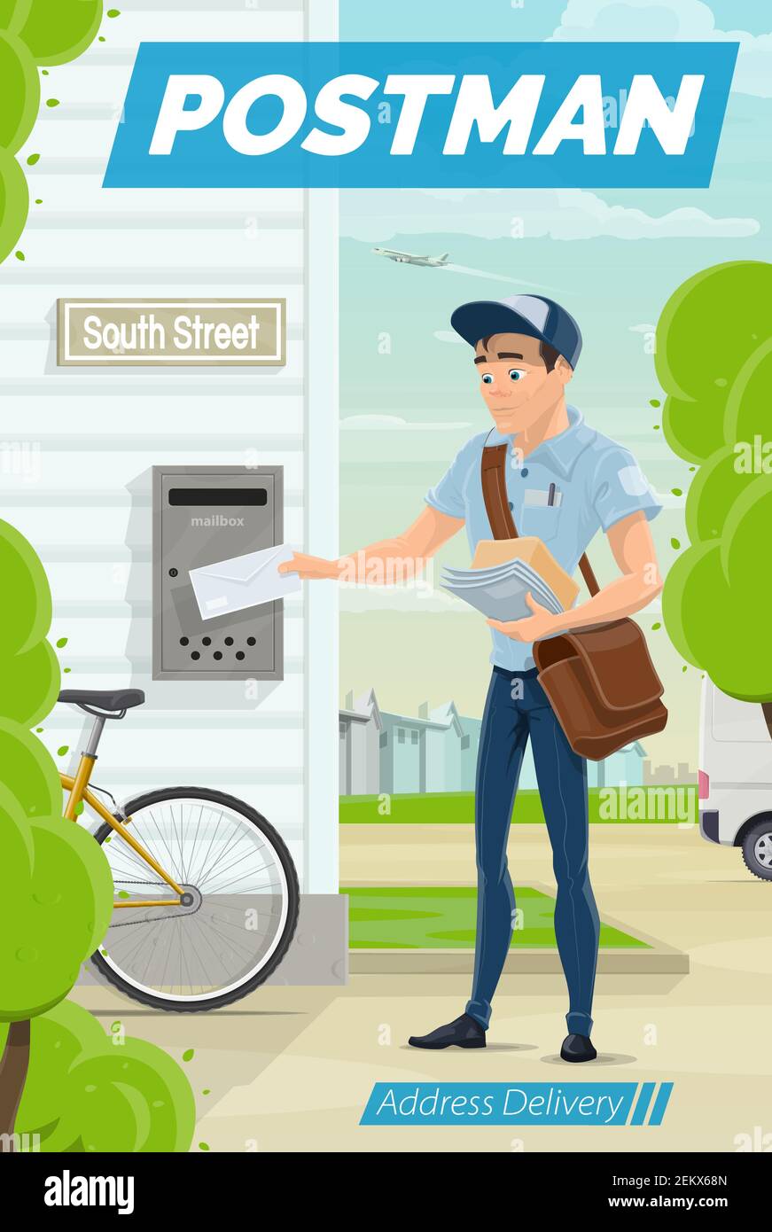 Postman puts letter into mail box, address delivery. Vector mailman outdoors, post office workers delivers envelope, post box or letterbox with postag Stock Vector