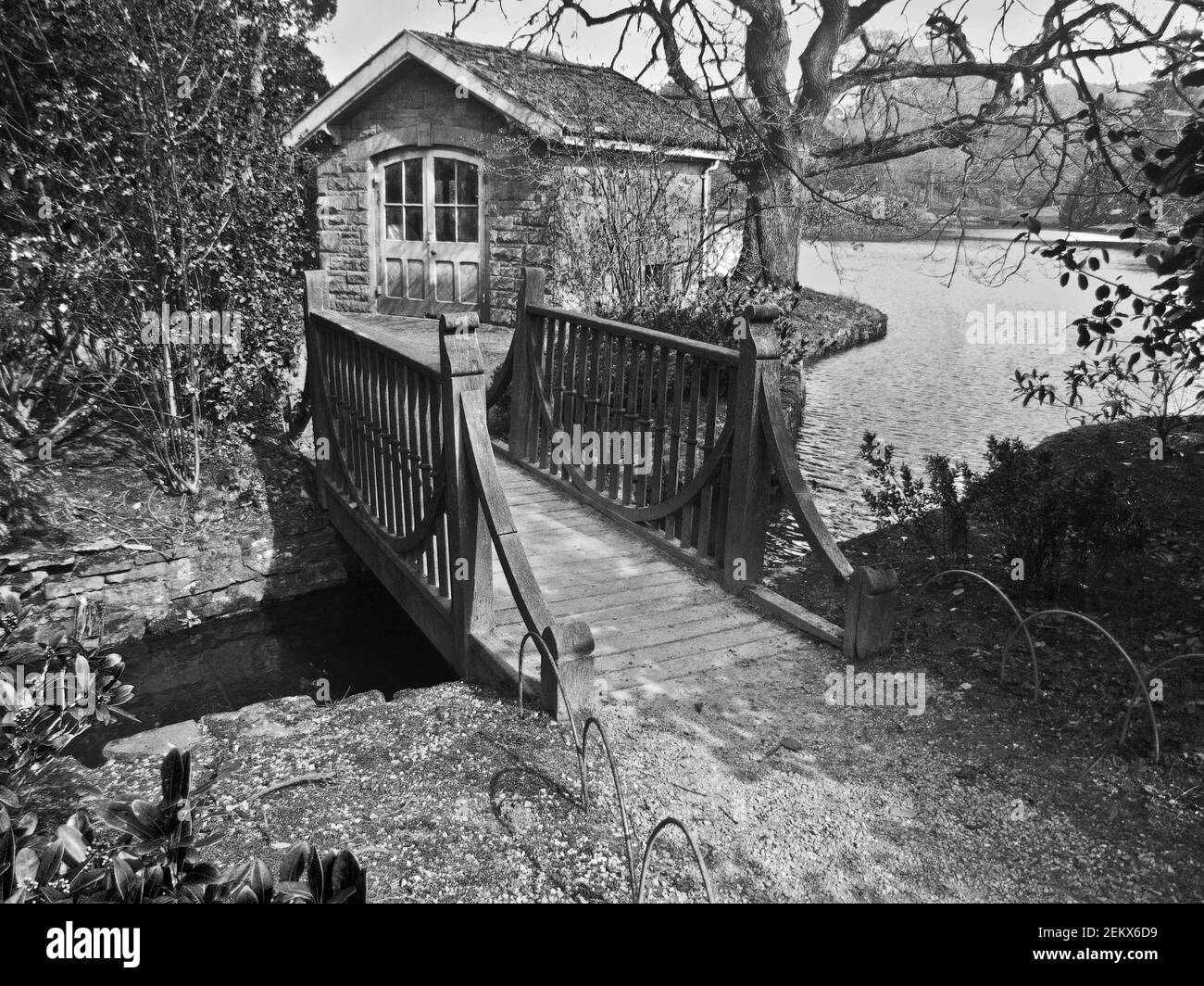 bridge and boathouse, rustic, quaint, lake, stream, brooke, gardens, park, scenic, walk, walking Stock Photo