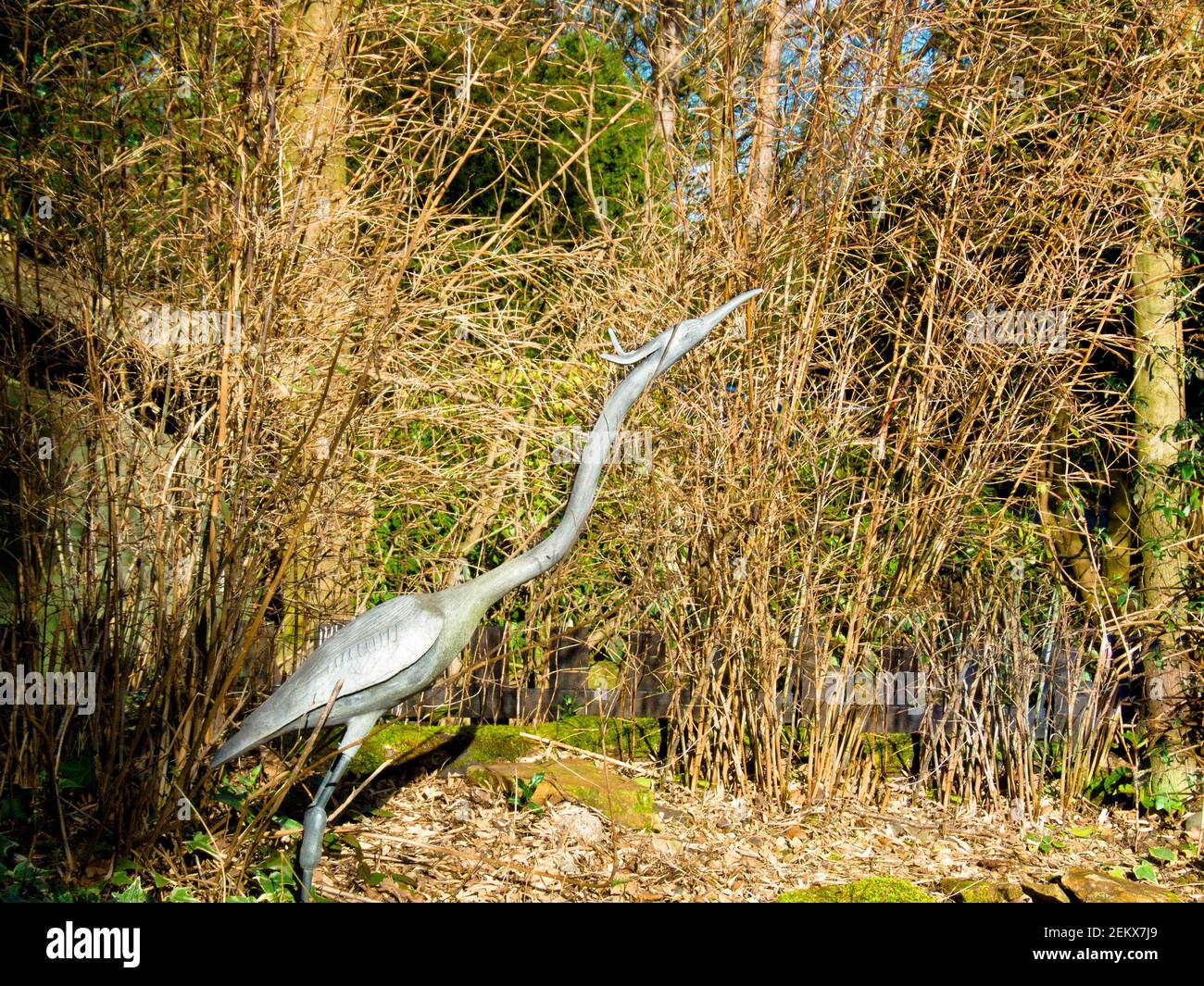 sculpture of a crane, wading bird, stylised, stylish, silver, metal, public art Stock Photo