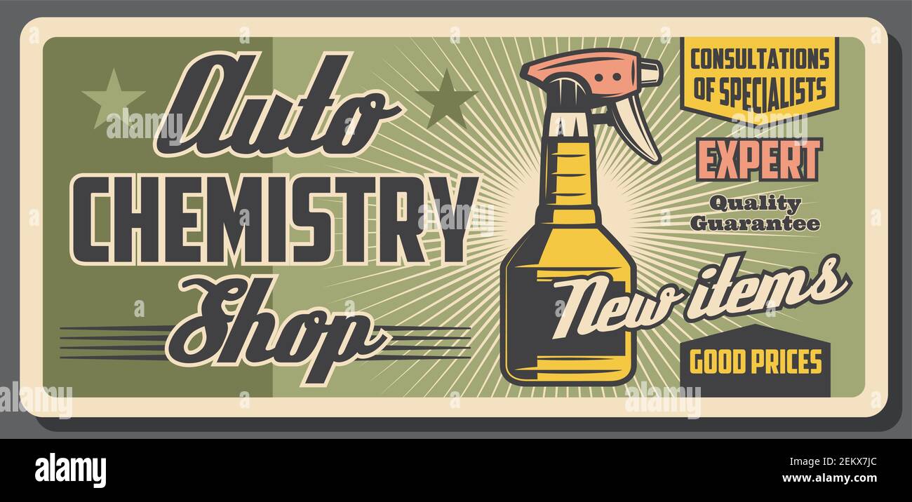 Car care product retro poster of auto chemistry shop vector design. Car wash detergent and polishing spray bottle, vehicle engine cleaning and protect Stock Vector