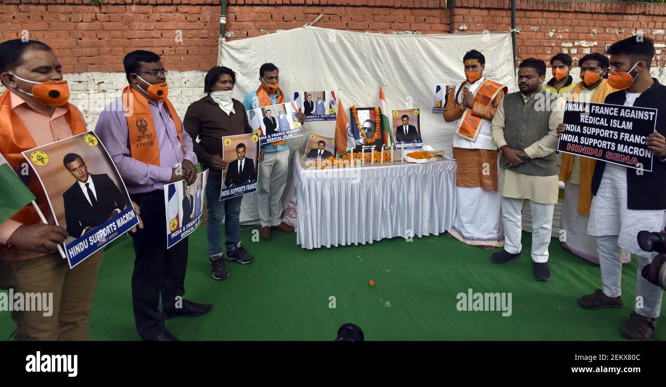 NEW DELHI, INDIA - OCTOBER 30: Workers of Hindu Sena during a condolence  meet organized for French teacher Samuel Paty who was beheaded in broad  daylight for depicting Prophet Mohammad`s Cartoon in