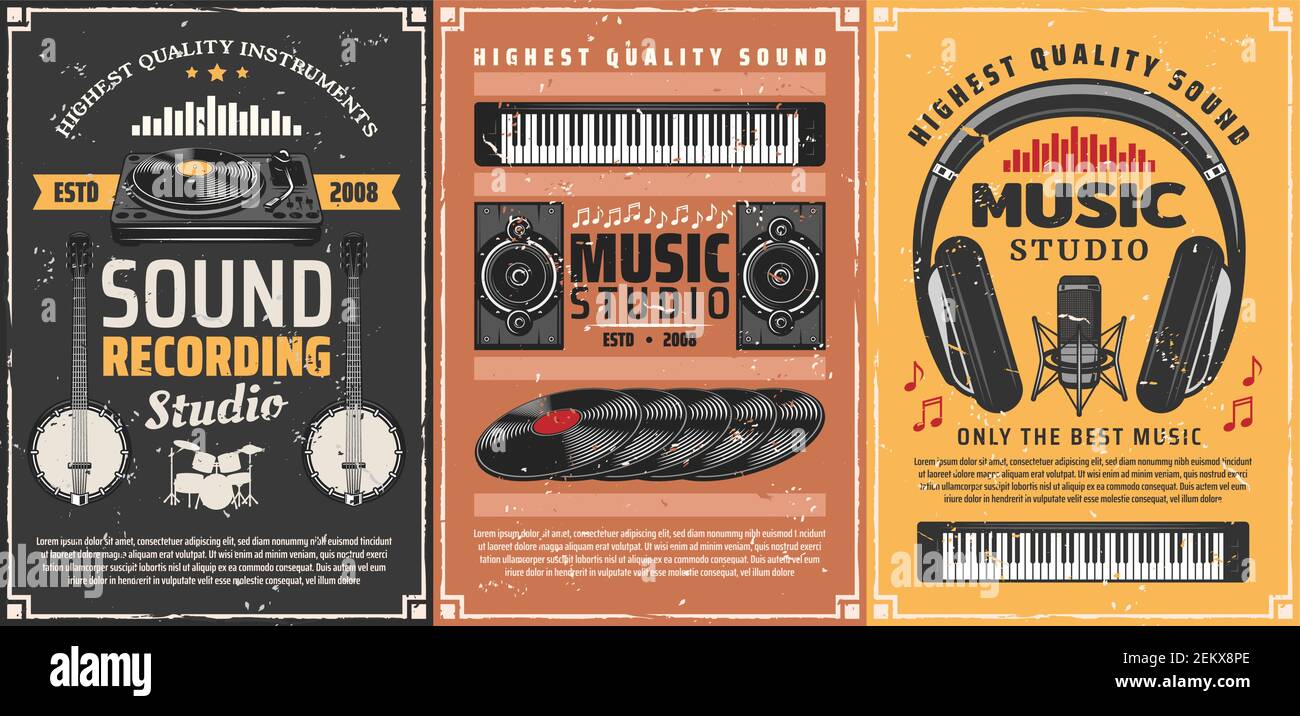 Musical instruments and sound recording studio equipment retro posters with  vector musical notes. Vintage microphone, headphones and vinyl records, dr  Stock Vector Image & Art - Alamy