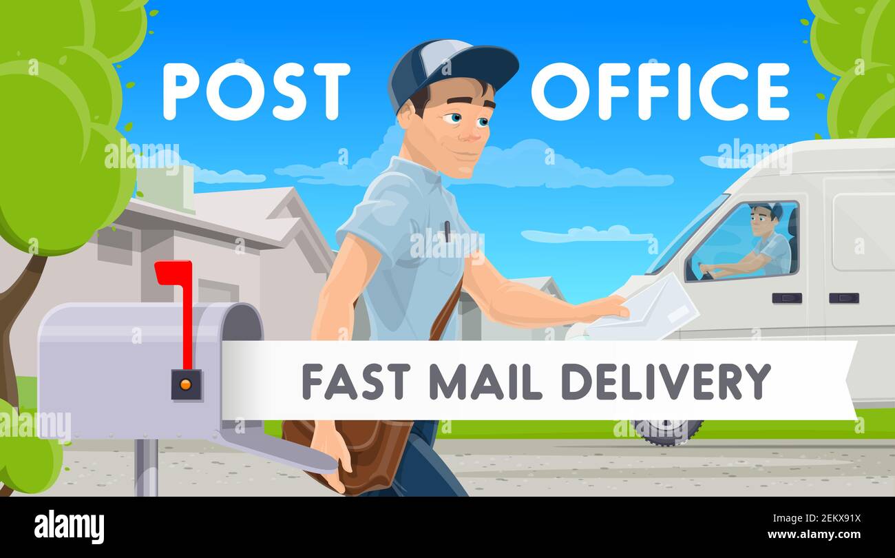 Post office, fast mail delivery, postman near postbox. Vector mailman in uniform with postal bag and envelope in hands, address delivery outdoors. Shi Stock Vector
