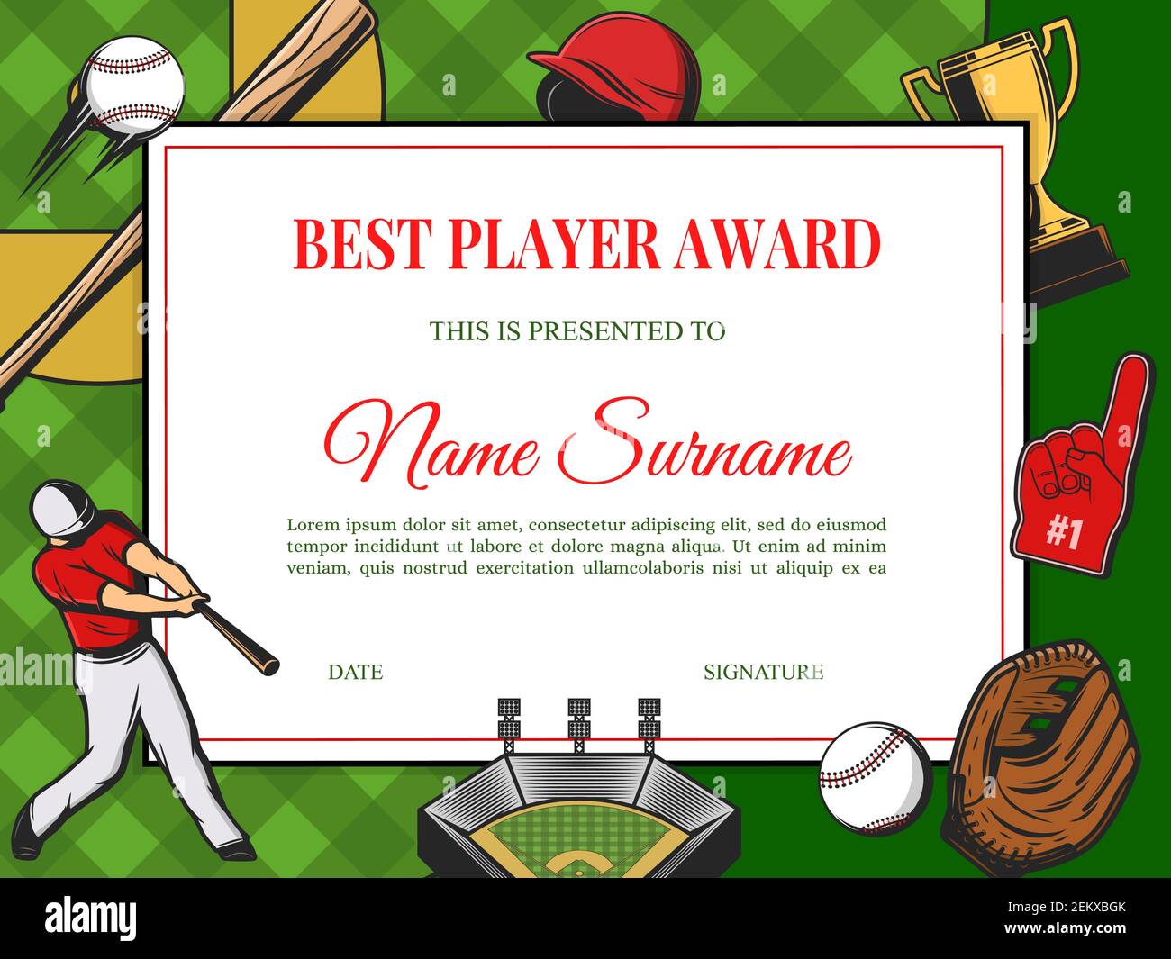 best-player-award-diploma-vector-template-baseball-tournament-winner-certificate-sport-school-frame-with-sports-equipment-helmet-bat-or-ball-cup-stock-vector-image-art-alamy