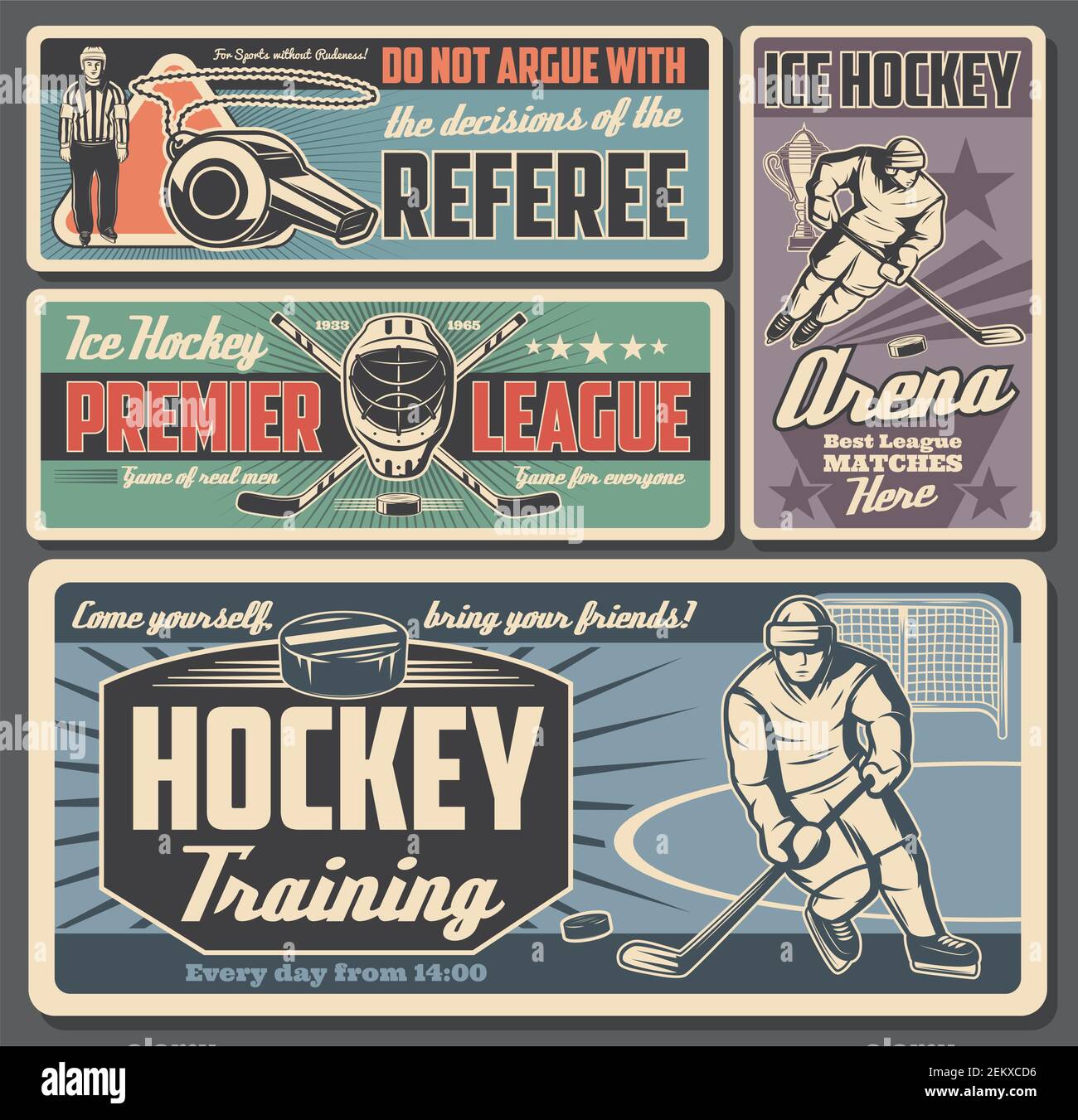 Ice hockey sport retro posters with vector players, sticks and pucks on hockey rink arena