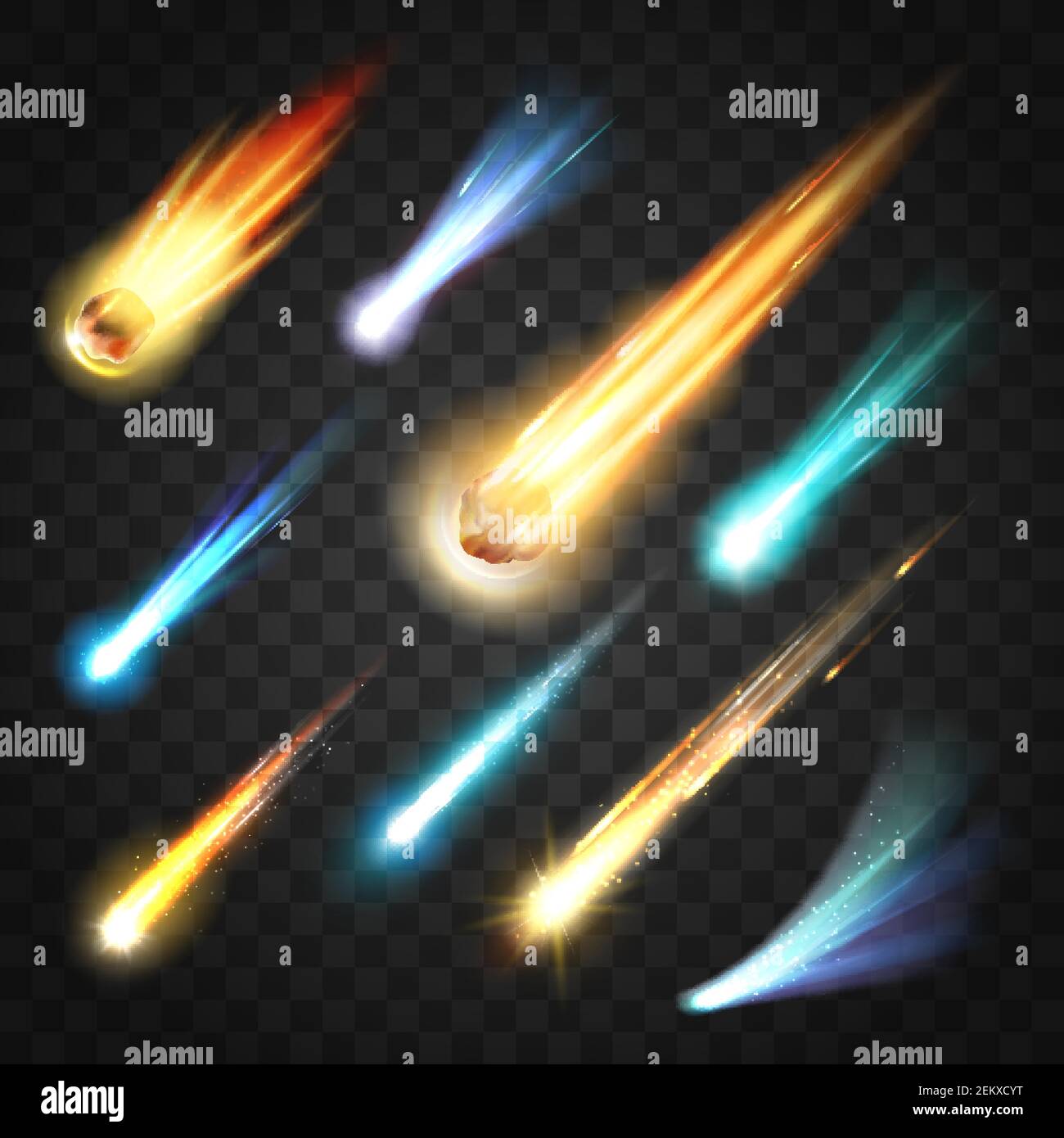 Meteors rain with comets and space bodies on transparent. Vector neon