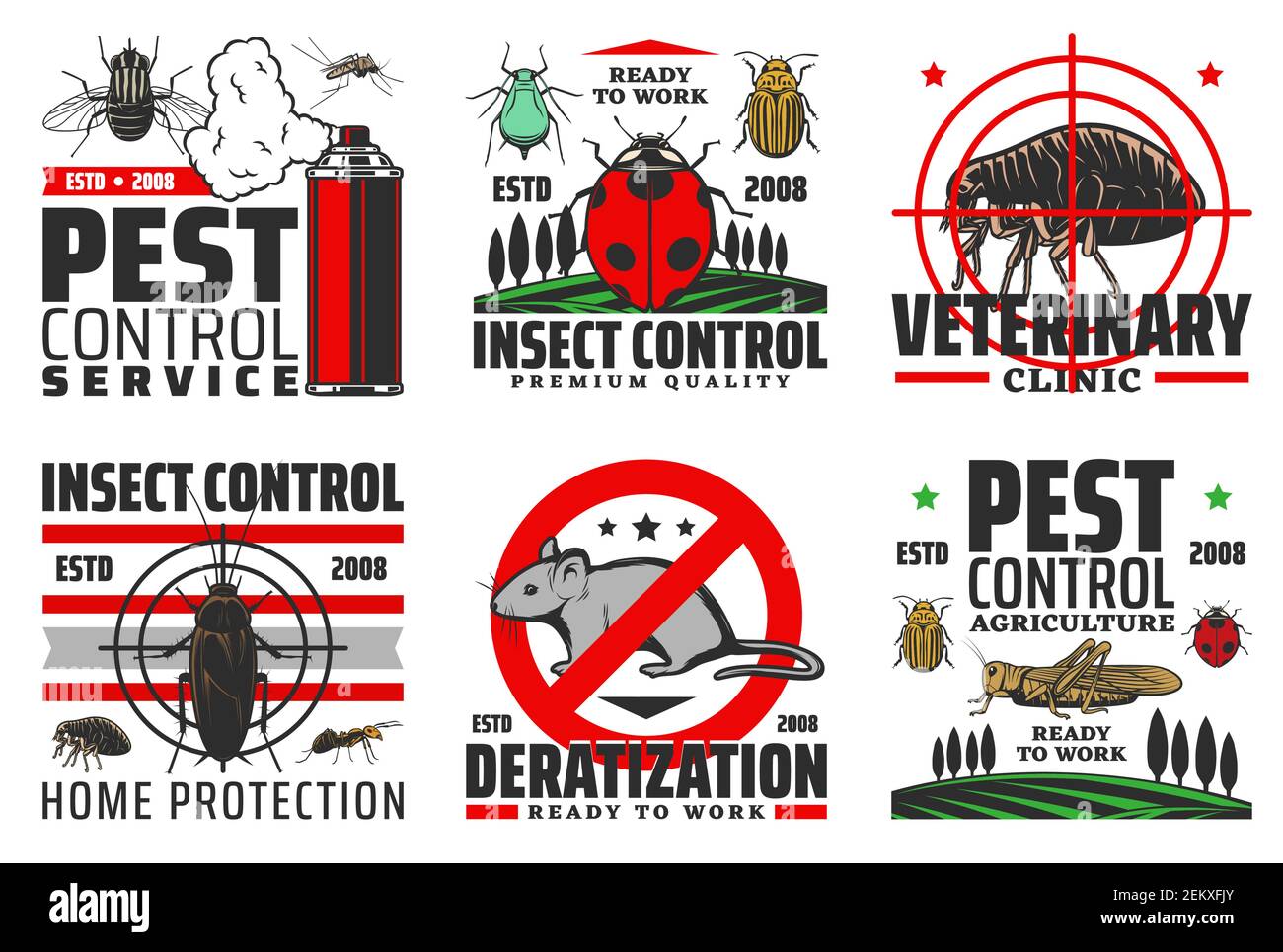 Pest and insect control services, veterinary clinic and deratization icons. Vector agriculture harvest control, home protection, aerosol to kill cockr Stock Vector