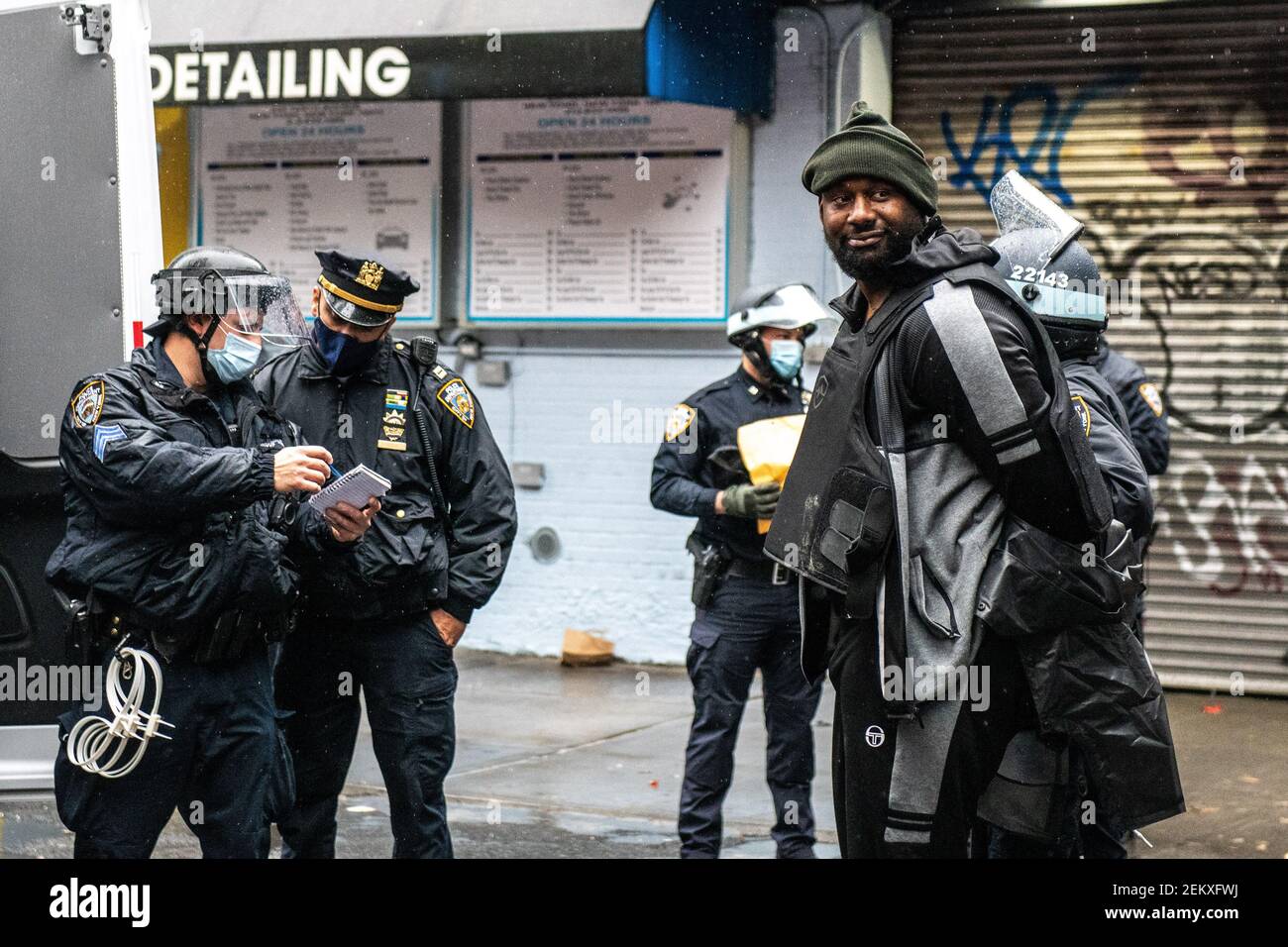 New York Police Department officers arrest a protestor during an Anti