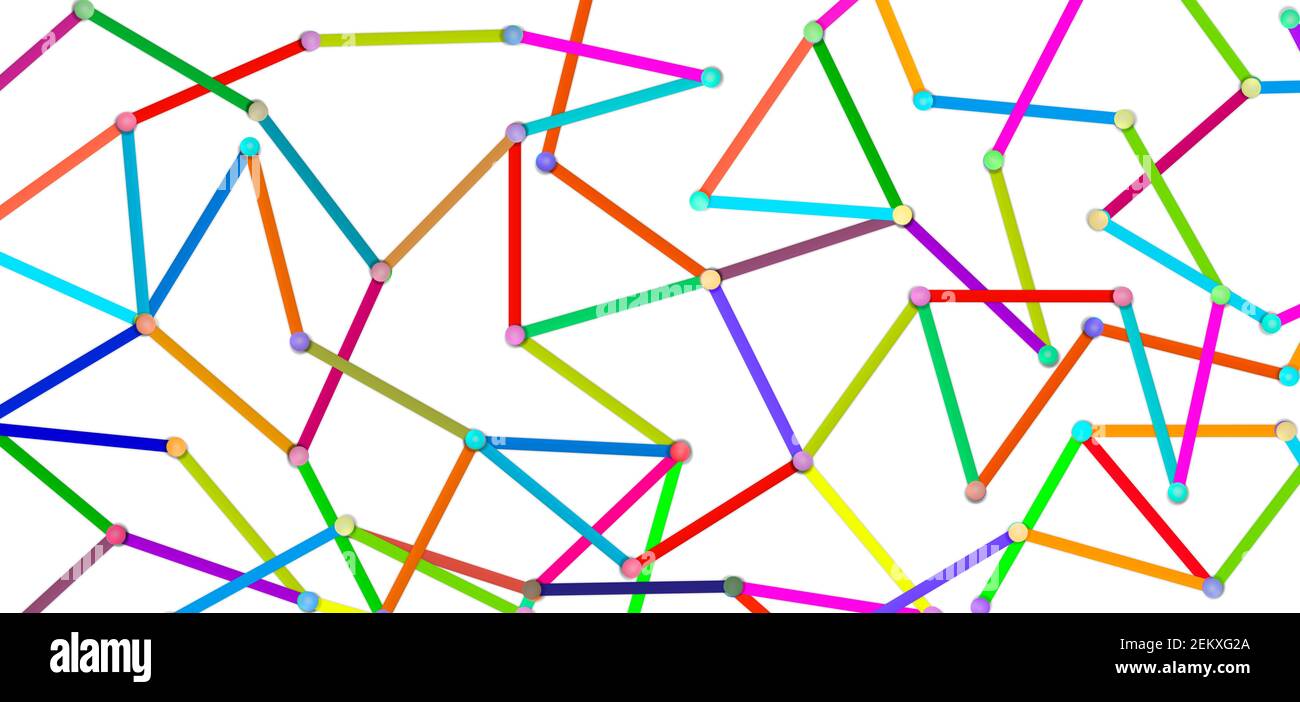 connection and communication concept illustration. Multicolored abstract lines with pins, connected each other. Colorful lines on white. Stock Photo