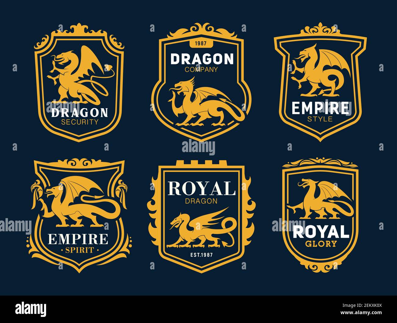 Royal heraldic icons with dragons, fairytale monsters. Coat of arms