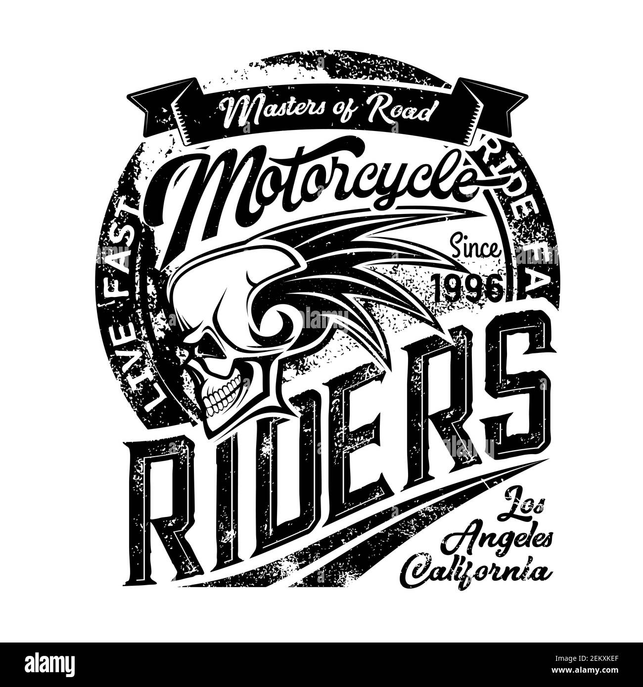 Biker club emblem, skull and wings icons, motorcycle racers and motorbike racing. Vector gunge T-shirt print of Los Angeles and California motorbike r Stock Vector
