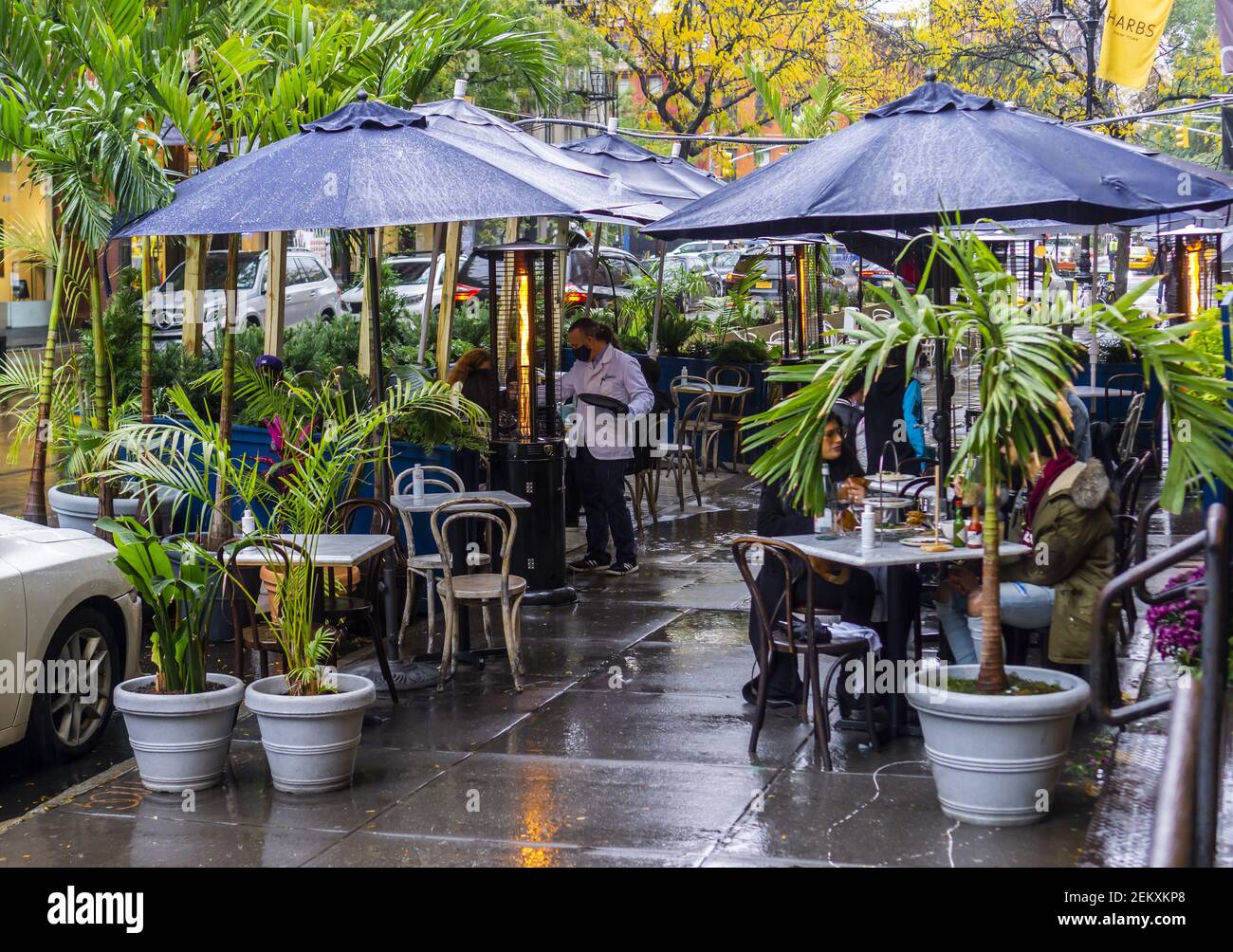 Al fresco dining at a restaurant in the Soho neighborhood of New York showing the use of heaters