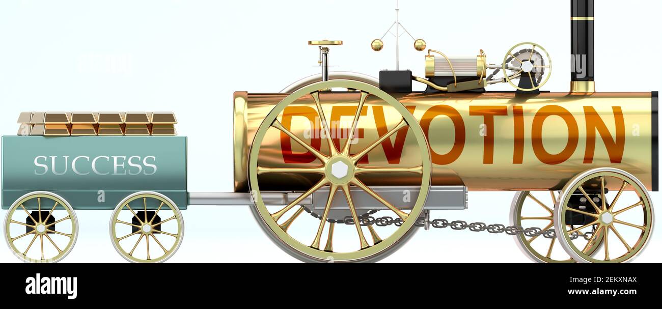 Devotion and success - symbolized by a steam car pulling a success wagon loaded with gold bars to show that Devotion is essential for prosperity and s Stock Photo