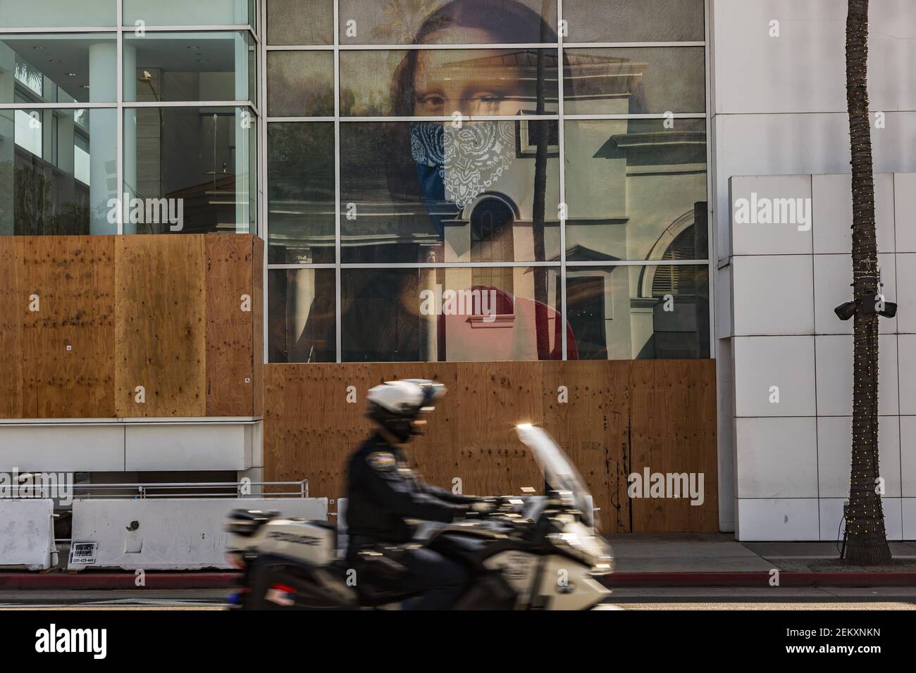 The City of Beverly Hills boards up its business district in