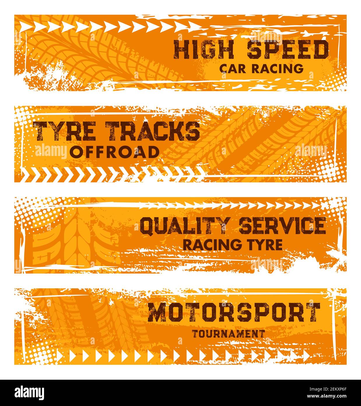 Tire tracks, car truck wheels and road speed races, vector service center web banners. Motorcycle rally or offroad racing tournament auto service cent Stock Vector