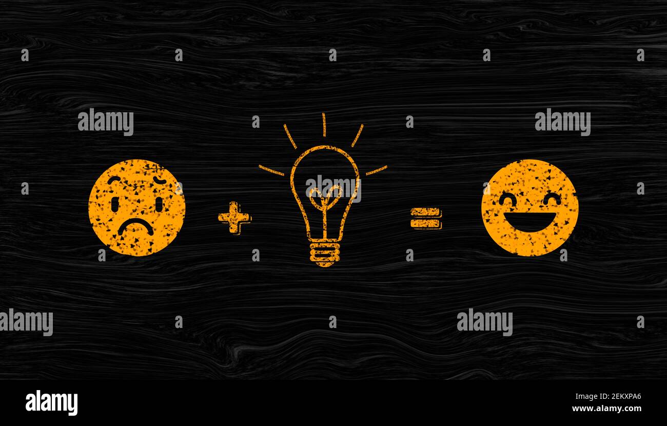 Innovative and creative idea making the world happy. sad emoji face and happy emoji with light bulb idea. grunge illustration in black chalkboard. Stock Photo