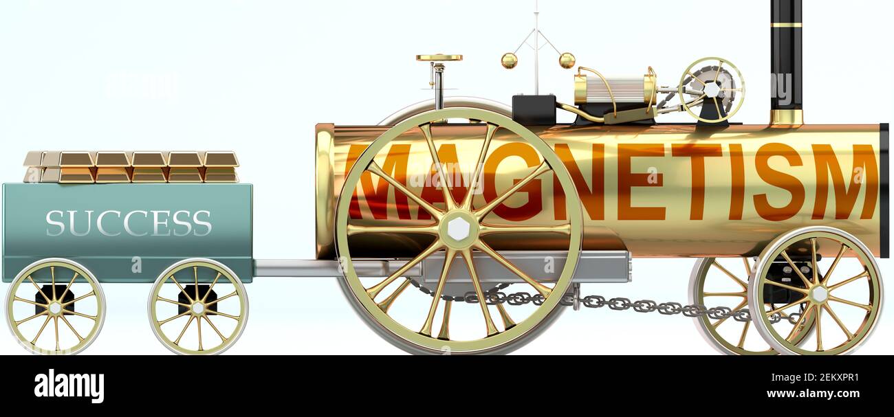 Magnetism and success - symbolized by a steam car pulling a success wagon loaded with gold bars to show that Magnetism is essential for prosperity and Stock Photo
