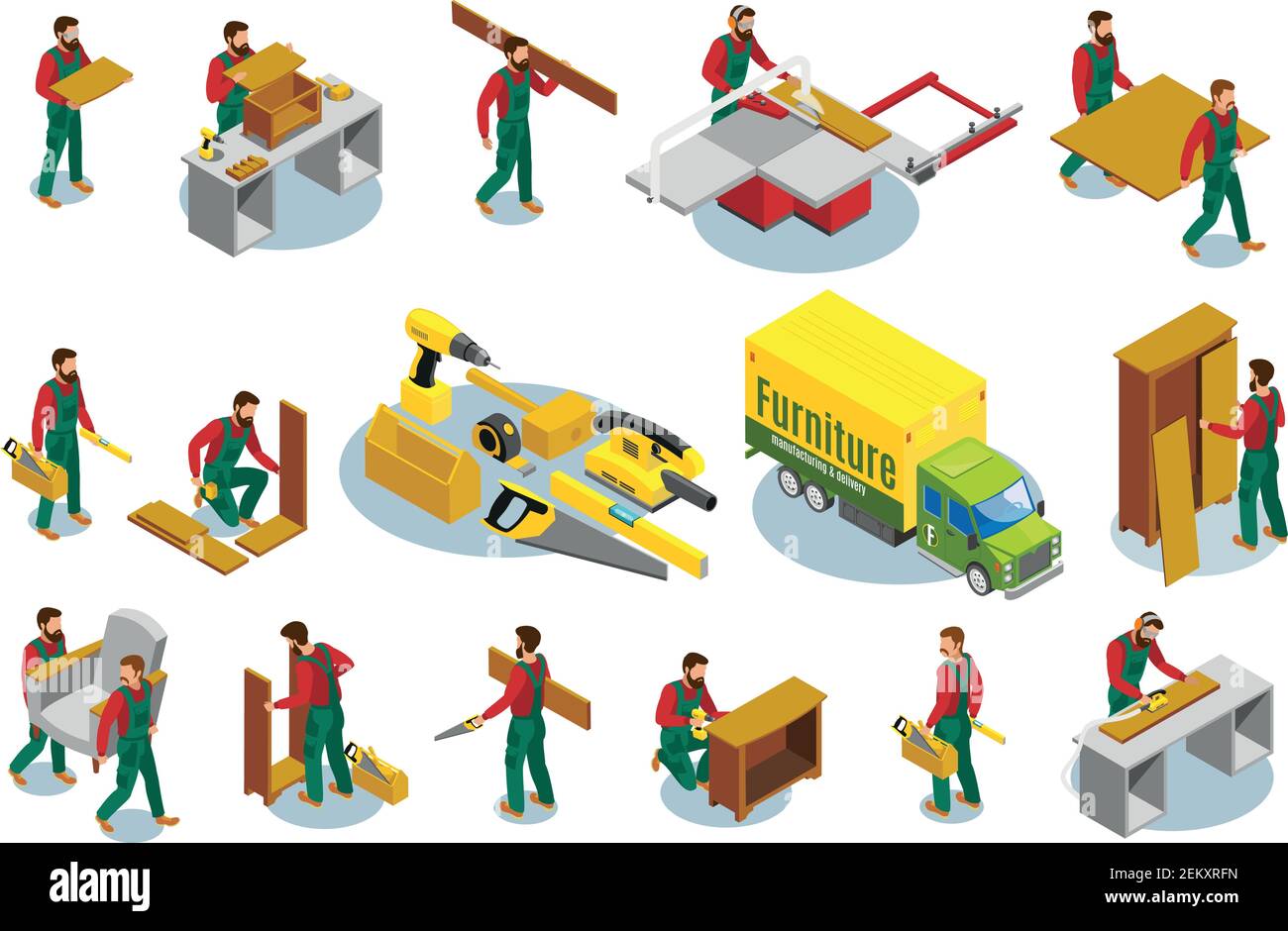Set of isometric icons furniture makers with professional tools during production and assembly isolated vector illustration Stock Vector