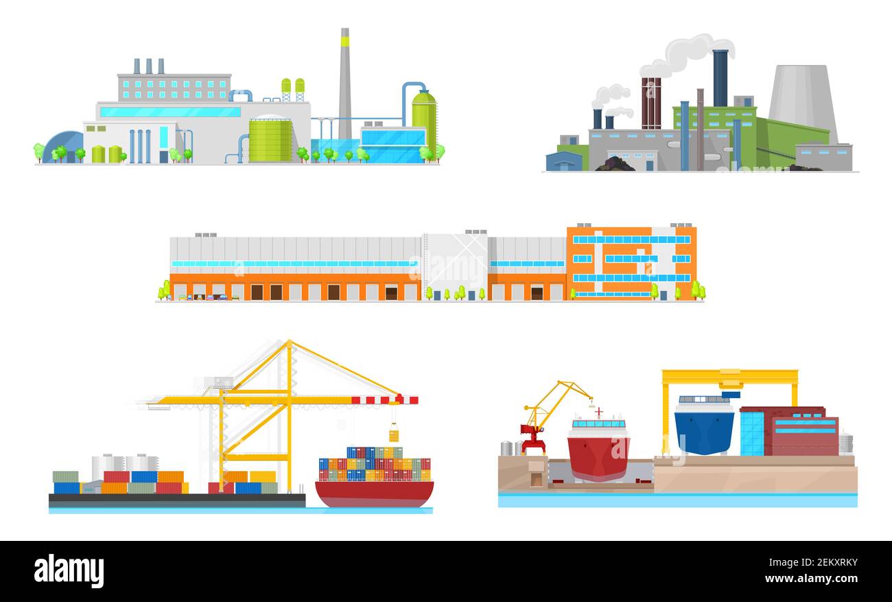 Industrial building vector icons. Exteriors of power station, oil refinery plant and manufacturing factory facilities, warehouse, port and shipyard wi Stock Vector