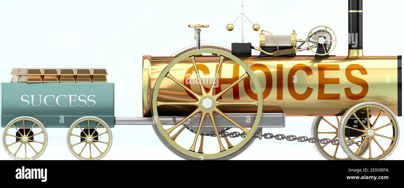 Choices and success - symbolized by a steam car pulling a success wagon loaded with gold bars to show that Choices is essential for prosperity and suc Stock Photo