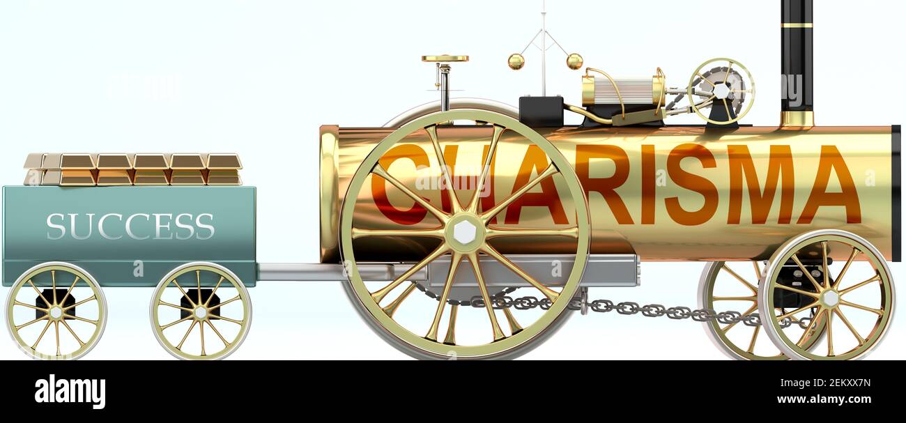 Charisma and success - symbolized by a steam car pulling a success wagon loaded with gold bars to show that Charisma is essential for prosperity and s Stock Photo