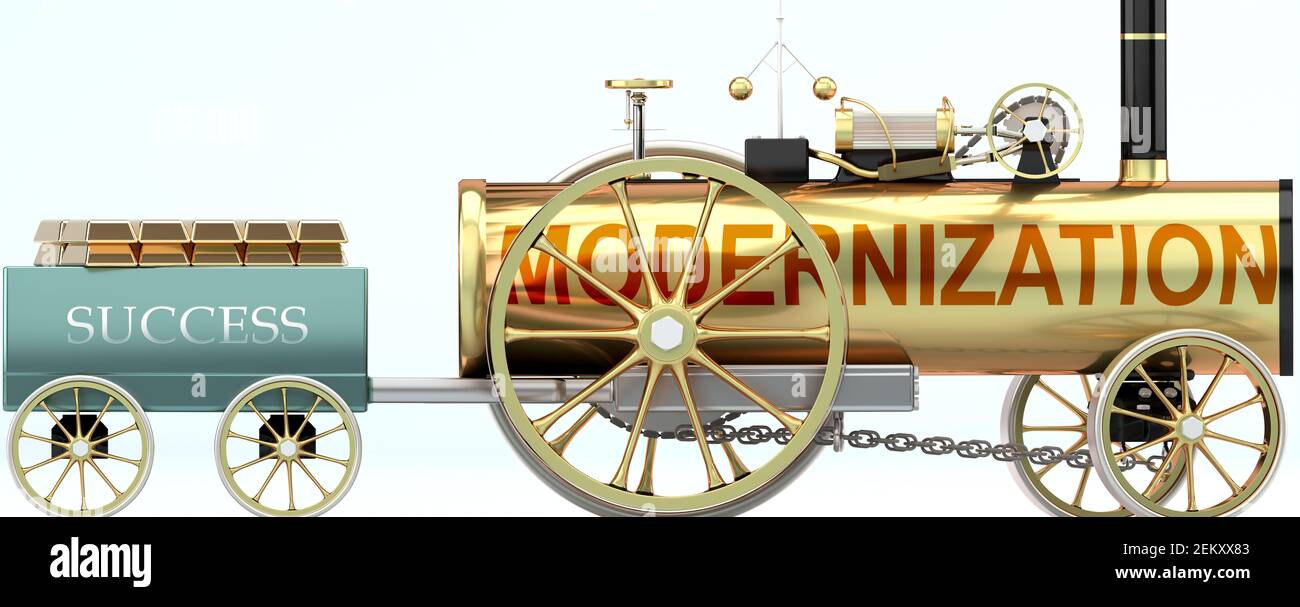 Modernization and success - symbolized by a steam car pulling a success wagon loaded with gold bars to show that Modernization is essential for prospe Stock Photo