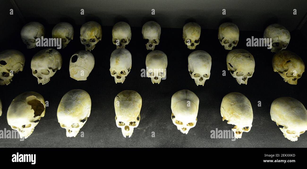 Skulls of victims of the 1994 Rwandan Genocide on display in the Kigali Genocide Memorial Centre in Kigali, Rwanda Stock Photo
