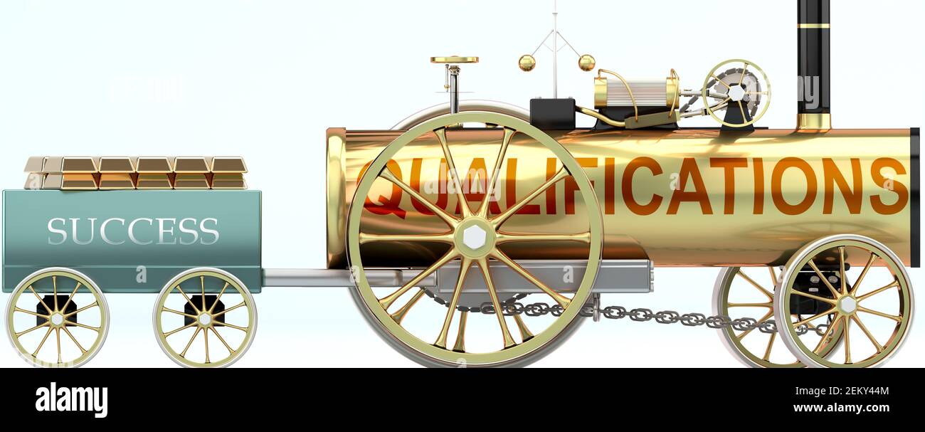 Qualifications and success - symbolized by a steam car pulling a success wagon loaded with gold bars to show that Qualifications is essential for pros Stock Photo