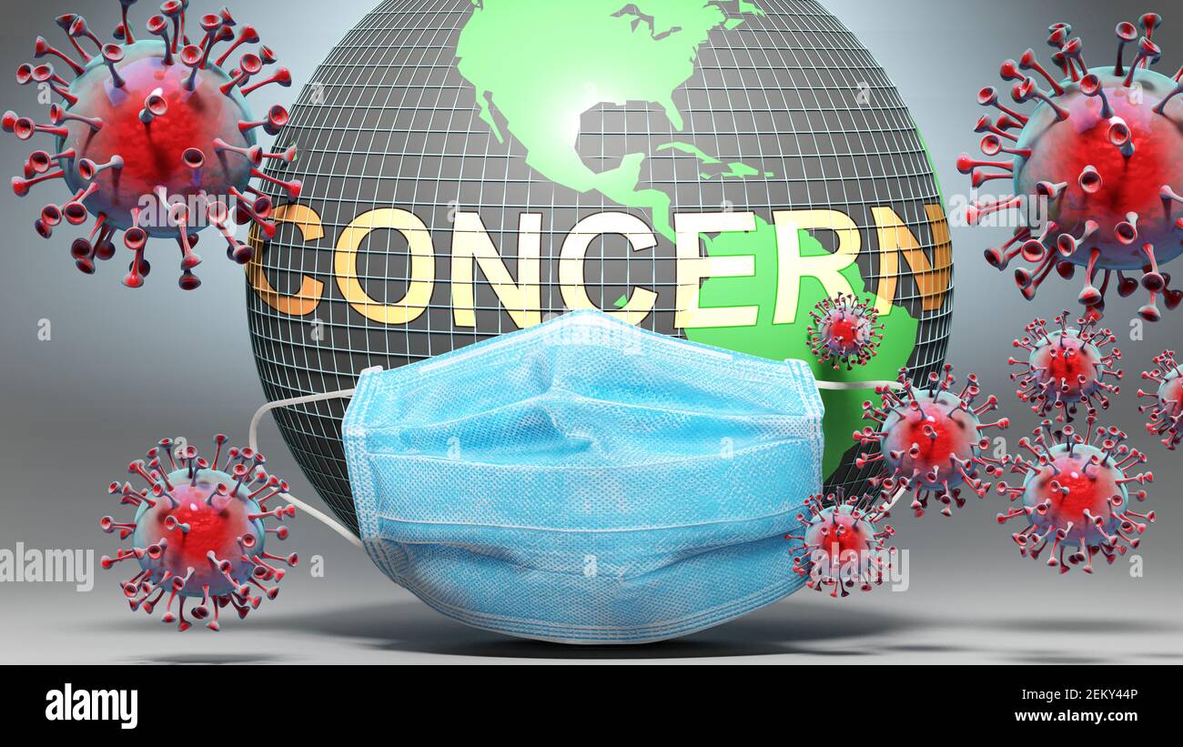 Concern and covid - Earth globe protected with a blue mask against attacking corona viruses to show the relation between Concern and current events, 3 Stock Photo