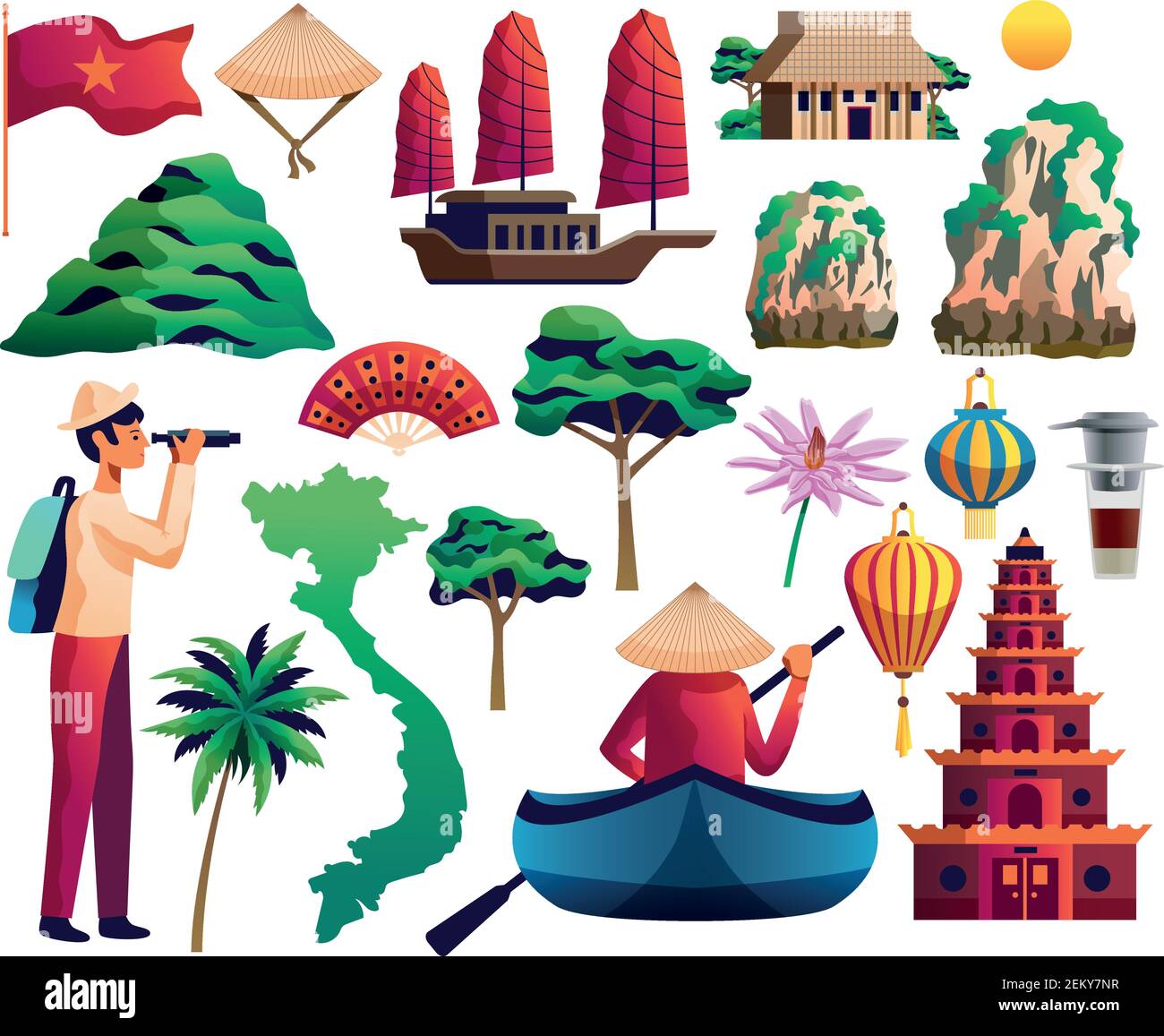Vietnam isolated icons set of vietnamese landmarks traditional cultural symbols national flag vector illustration Stock Vector