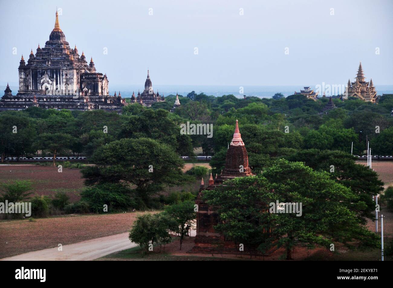 View landscape ruins cityscape World Heritage Site with over 2000 pagodas and Htilominlo temples look from Shwesandaw Paya Pagoda in morning time at B Stock Photo
