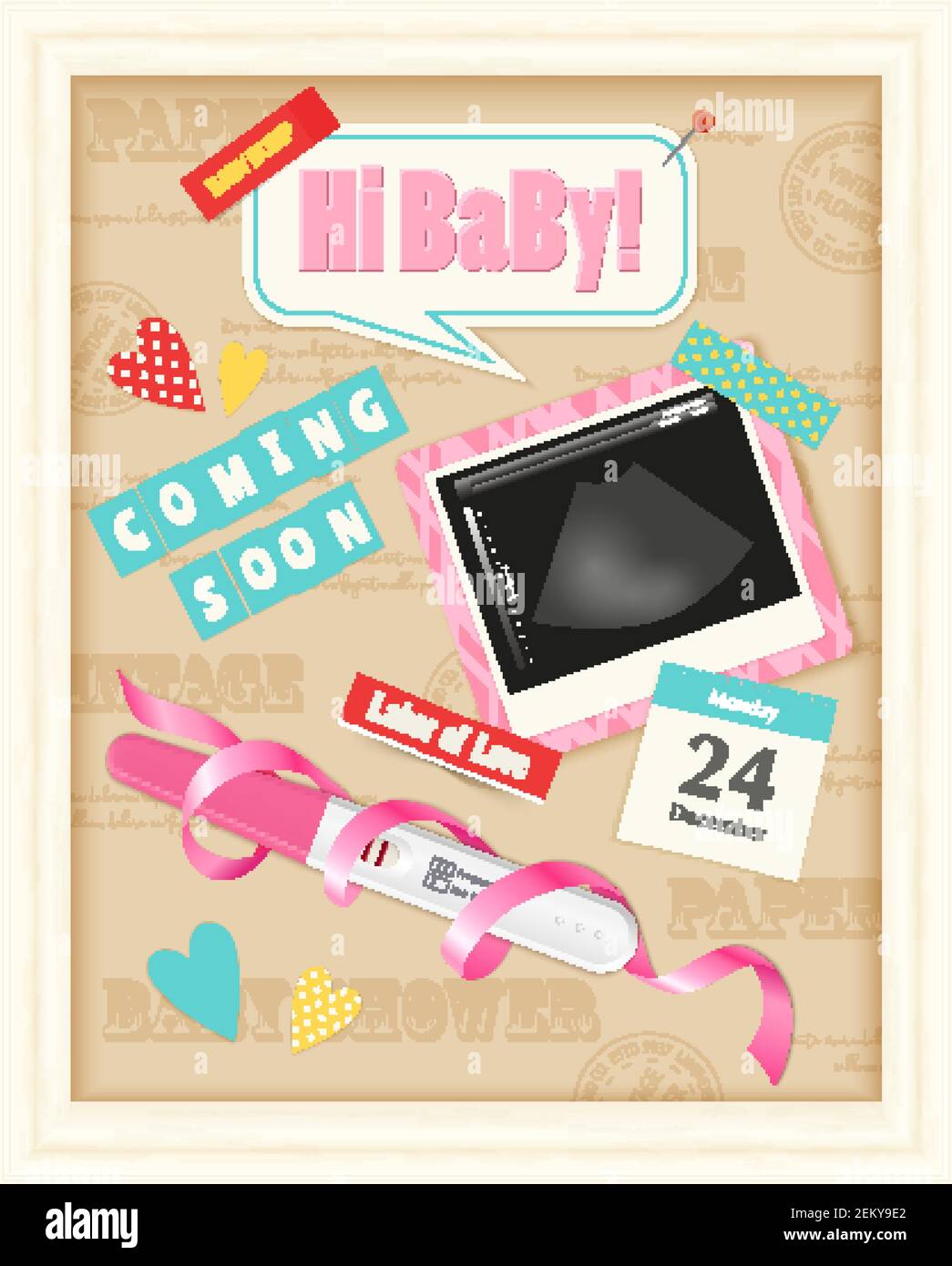 Coming soon baby girl realistic scrap album page with positive pregnancy test ultrasound image pink ribbon vector illustration Stock Vector