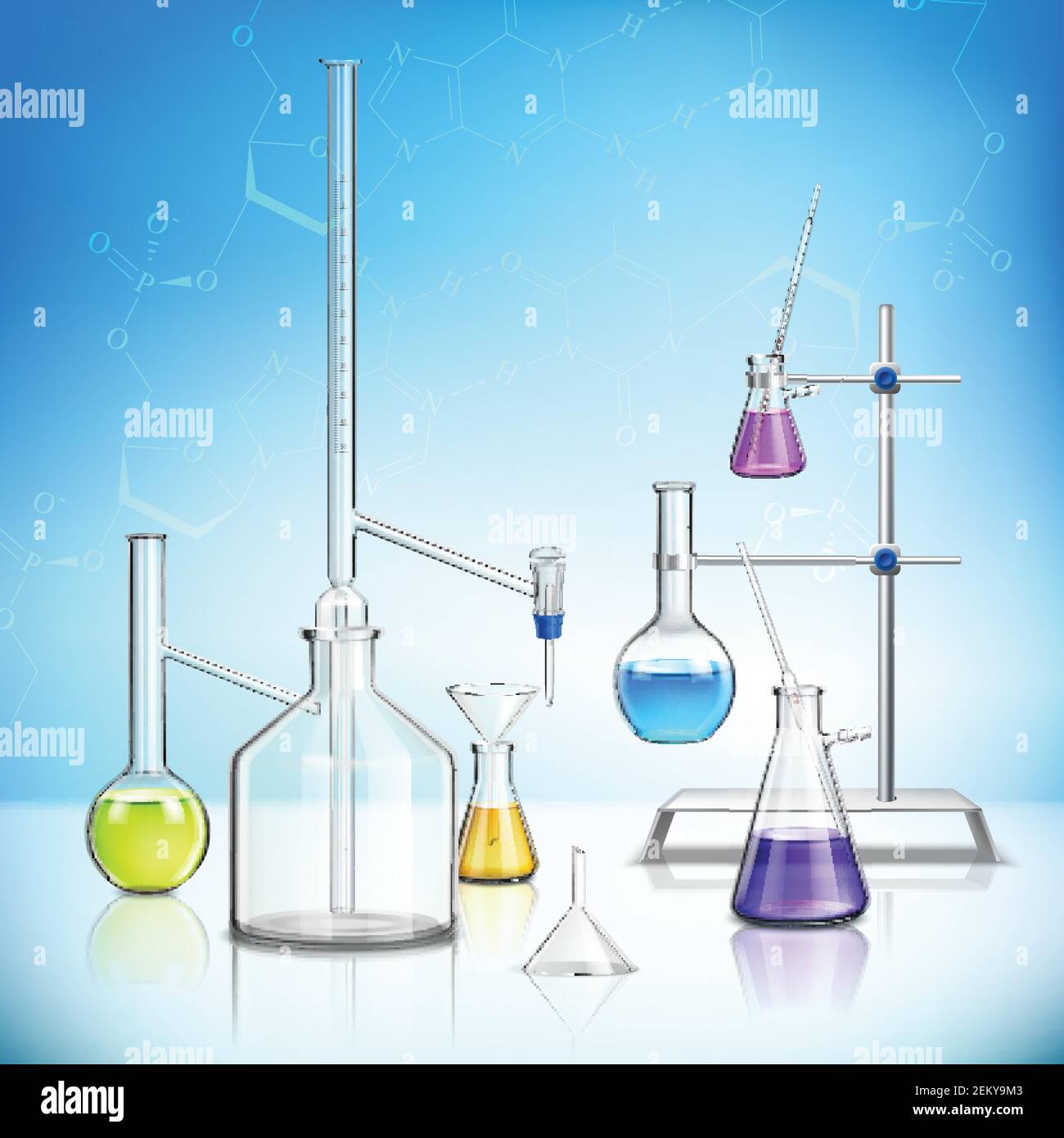 Laboratory glassware composition with chemistry and biology symbols